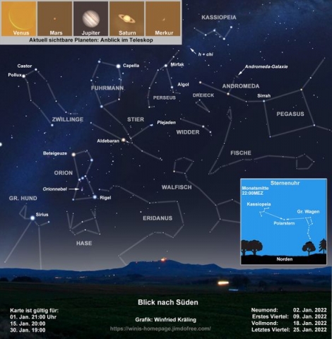 Sternkarte für den Monat Januar 2022